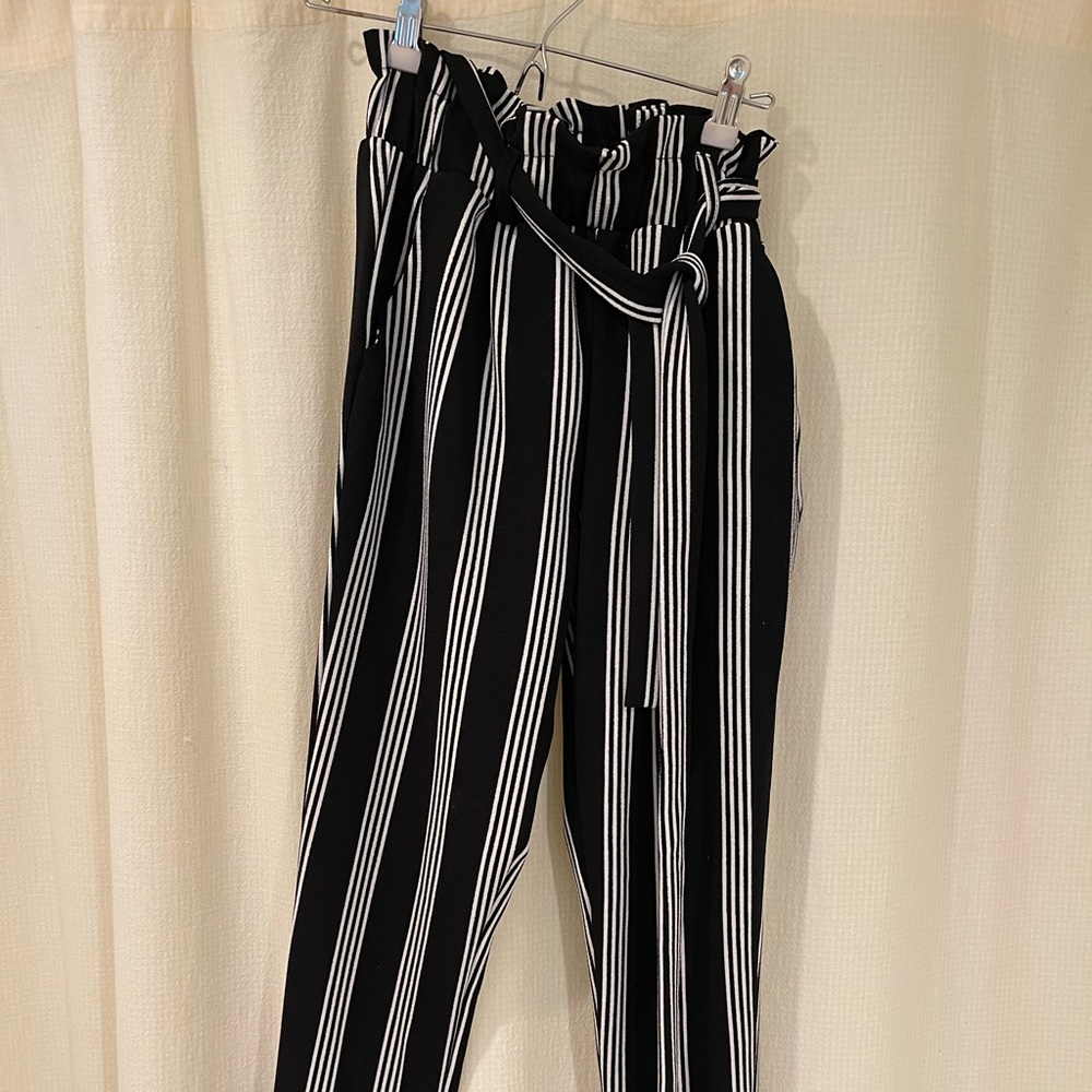 Black & White Striped Pants with Tie Belt